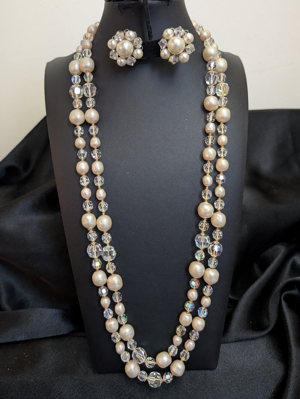 #33. Vintage 50s Glass Pearls & AB Crystal Necklace & Earrings